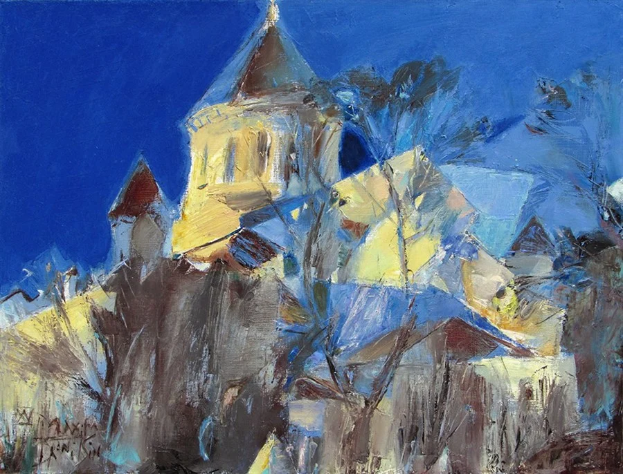 Вильнюс. Успенский кафедральный собор ночью. Х/м,  75х100,  2015.