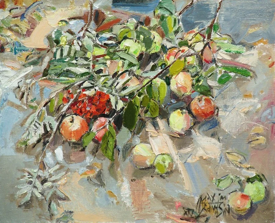 Яблоневые ветки под дождём. 62х75, х/м, 2014.