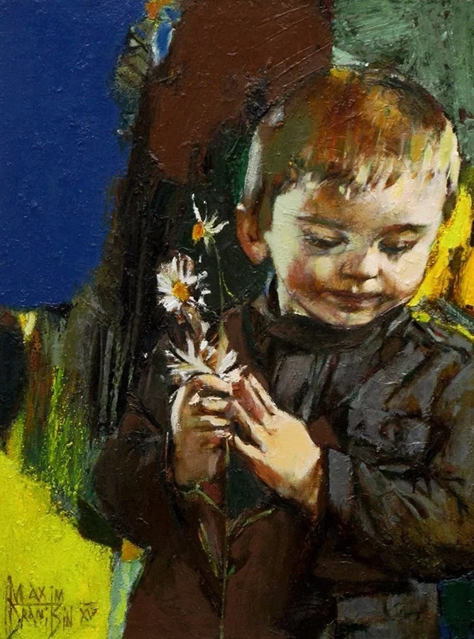 Мальчик и ромашки.  Х/м,  80х60,  2015.