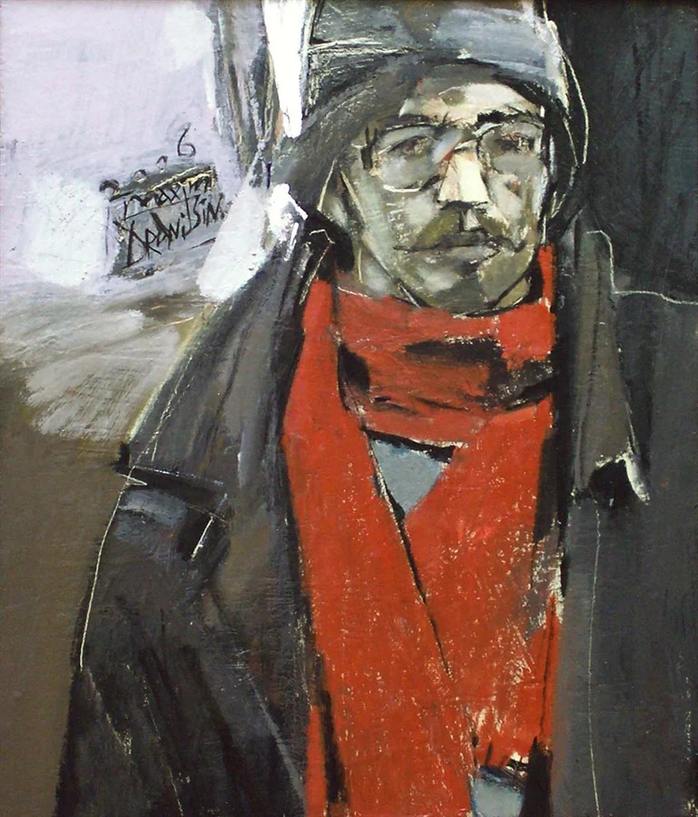 Автопортрет с красным шарфом. Х/м,  80х70,  2006.