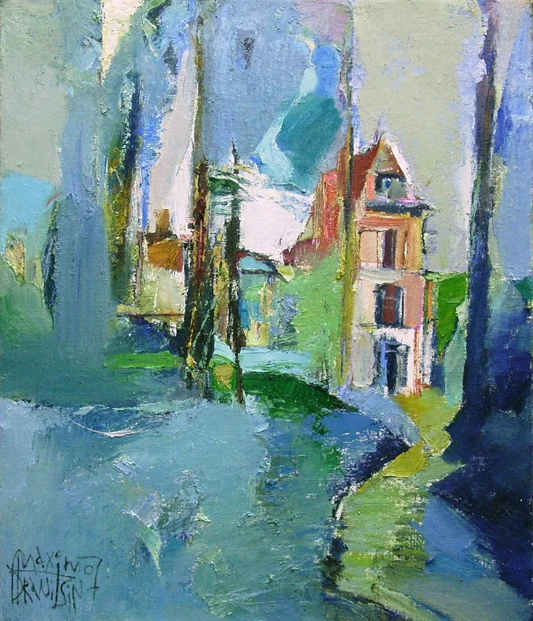 Постройки на краю леса. Х/м,  80х70,  2007.