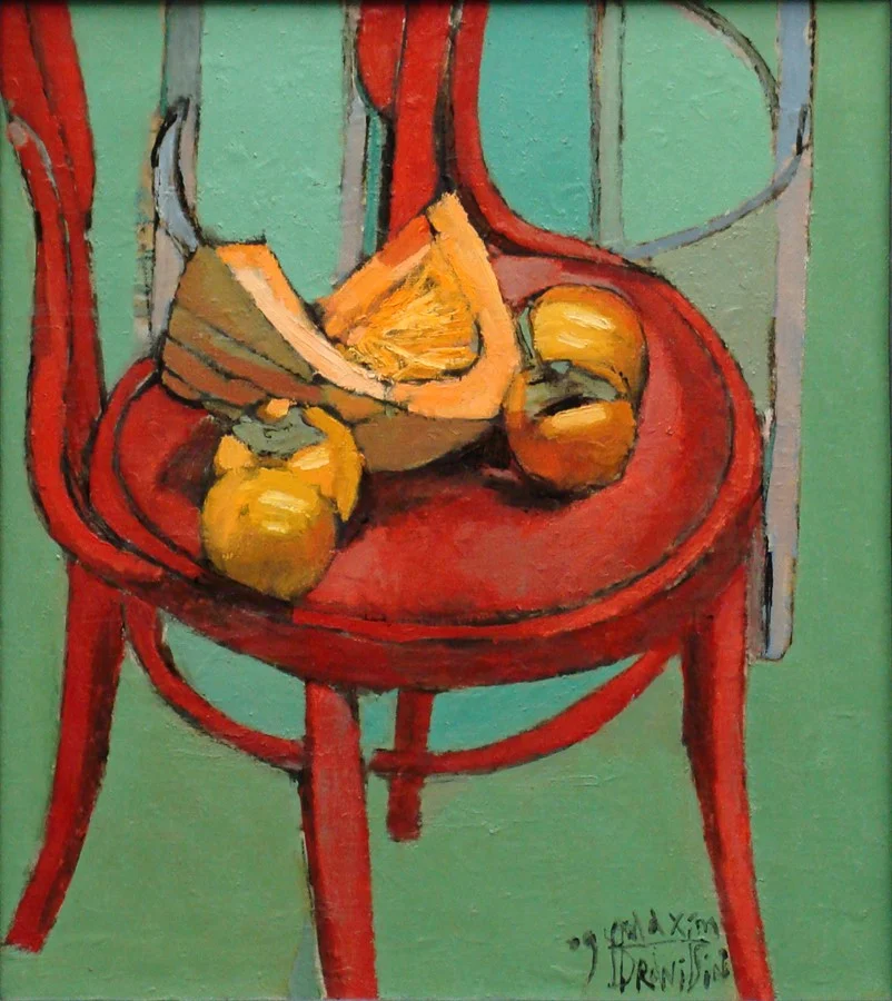 Хурма и тыква на красном стуле.  Х/м,  80х70,  2009.